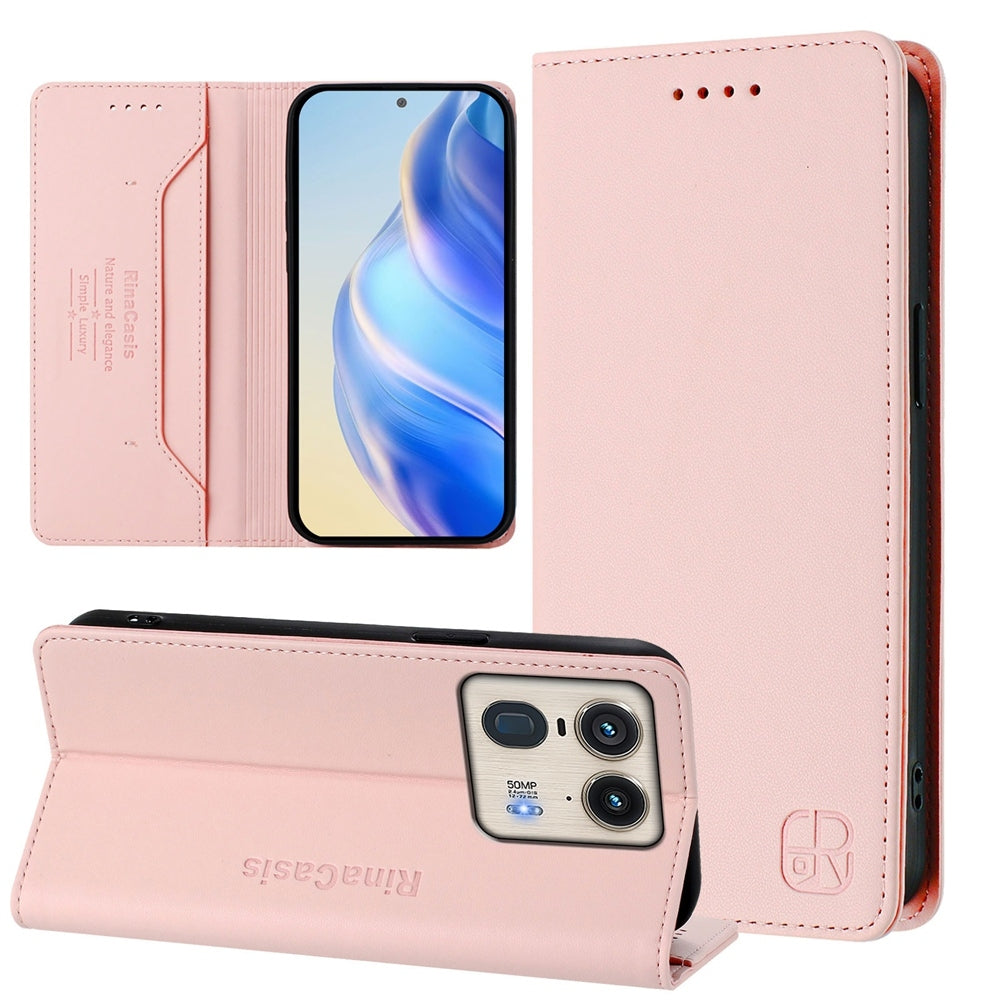 Motorola Edge 50 Ultra Dual-Folded Magnetic Suction RFID Blocking PU Leather Wallet Phone Case with Card Slots, Cash Pocket, Kickstand, Full Protective Flip Cover