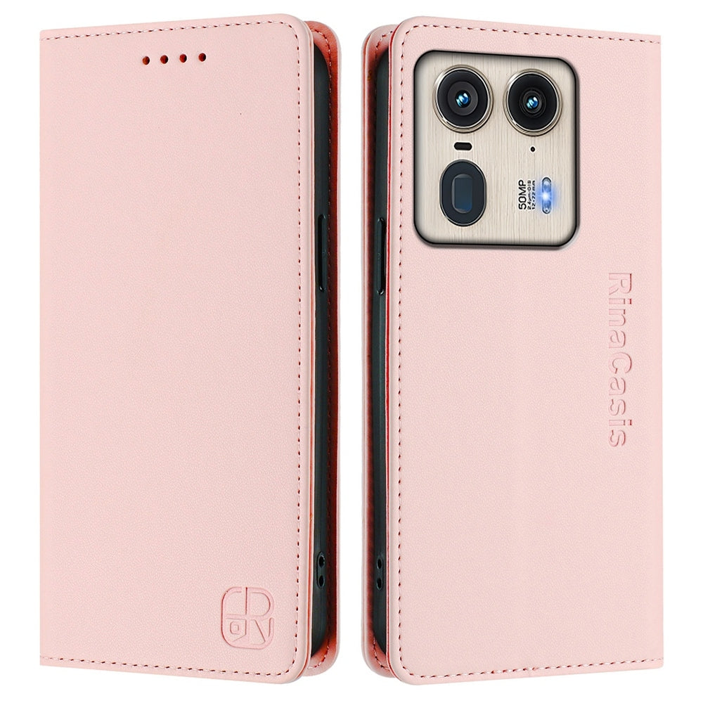 Motorola X50 Ultra Dual-Folded Magnetic Suction RFID Blocking PU Leather Wallet Phone Case with Card Slots, Cash Pocket, Kickstand, Full Protective Flip Cover