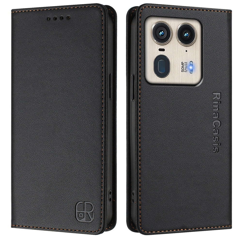 Motorola Edge 50 Ultra Dual-Folded Magnetic Suction RFID Blocking PU Leather Wallet Phone Case with Card Slots, Cash Pocket, Kickstand, Full Protective Flip Cover