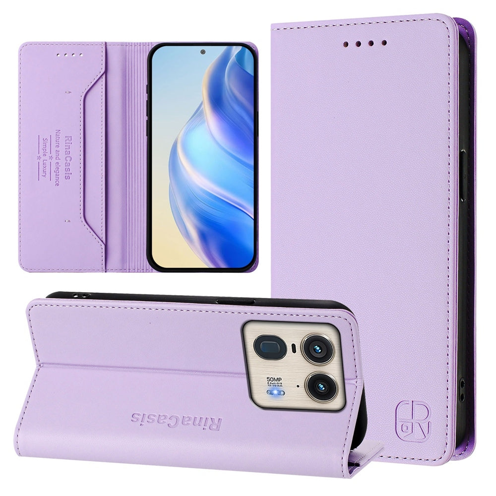 Motorola Edge 50 Ultra Dual-Folded Magnetic Suction RFID Blocking PU Leather Wallet Phone Case with Card Slots, Cash Pocket, Kickstand, Full Protective Flip Cover
