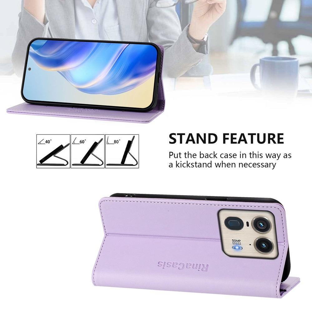 Motorola Edge 50 Ultra Dual-Folded Magnetic Suction RFID Blocking PU Leather Wallet Phone Case with Card Slots, Cash Pocket, Kickstand, Full Protective Flip Cover