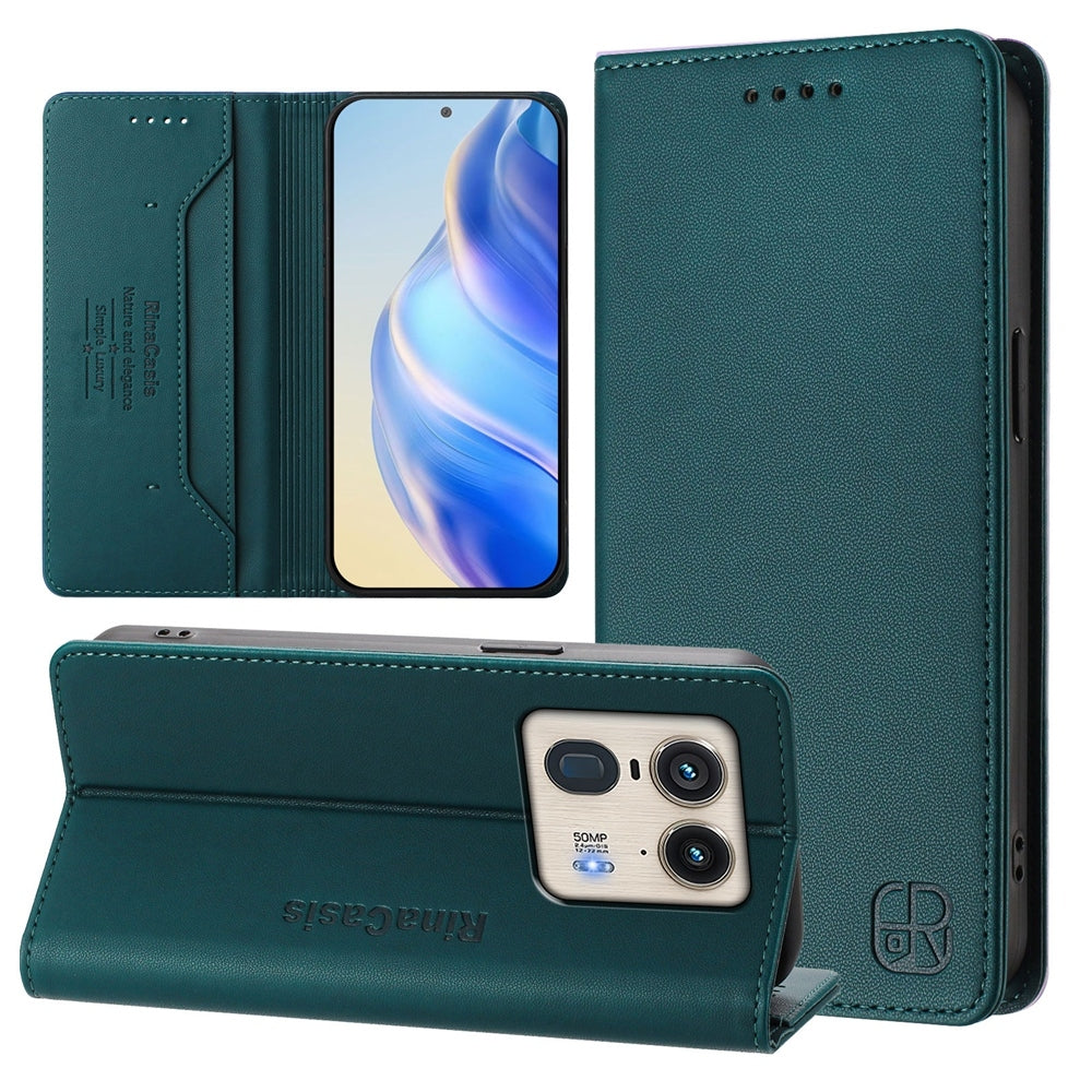 Motorola Edge 50 Ultra Dual-Folded Magnetic Suction RFID Blocking PU Leather Wallet Phone Case with Card Slots, Cash Pocket, Kickstand, Full Protective Flip Cover