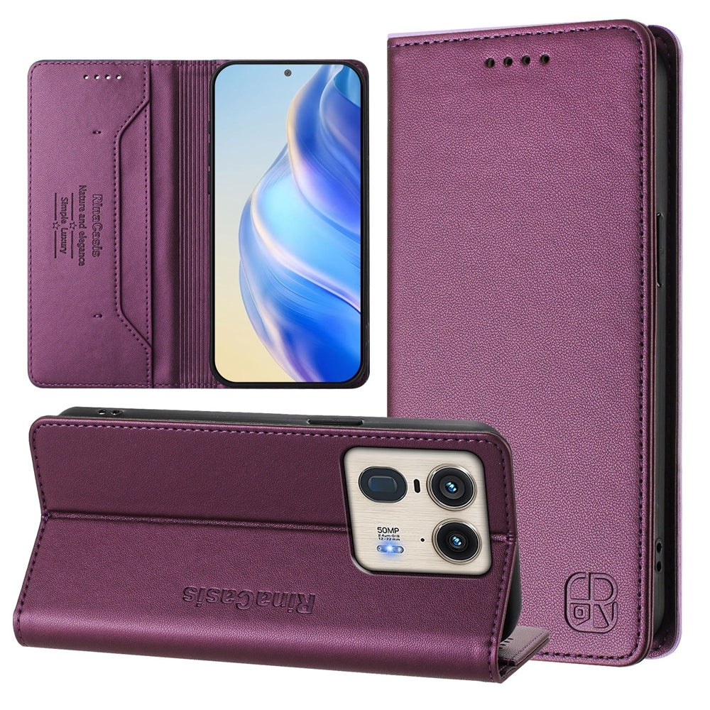 Motorola Edge 50 Ultra Dual-Folded Magnetic Suction RFID Blocking PU Leather Wallet Phone Case with Card Slots, Cash Pocket, Kickstand, Full Protective Flip Cover