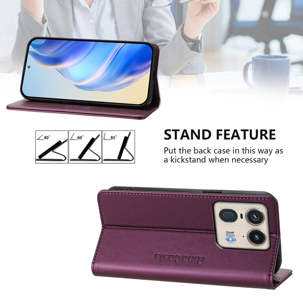 Motorola Edge 50 Ultra Dual-Folded Magnetic Suction RFID Blocking PU Leather Wallet Phone Case with Card Slots, Cash Pocket, Kickstand, Full Protective Flip Cover