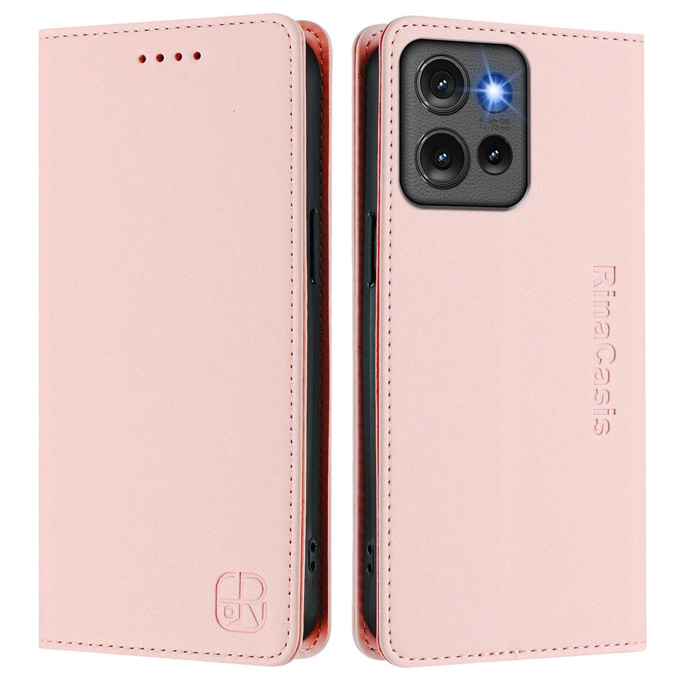 Motorola Edge 50 Dual-Folded Magnetic Suction RFID Blocking PU Leather Wallet Phone Case with Card Slots, Cash Pocket, Kickstand, Full Protective Flip Cover