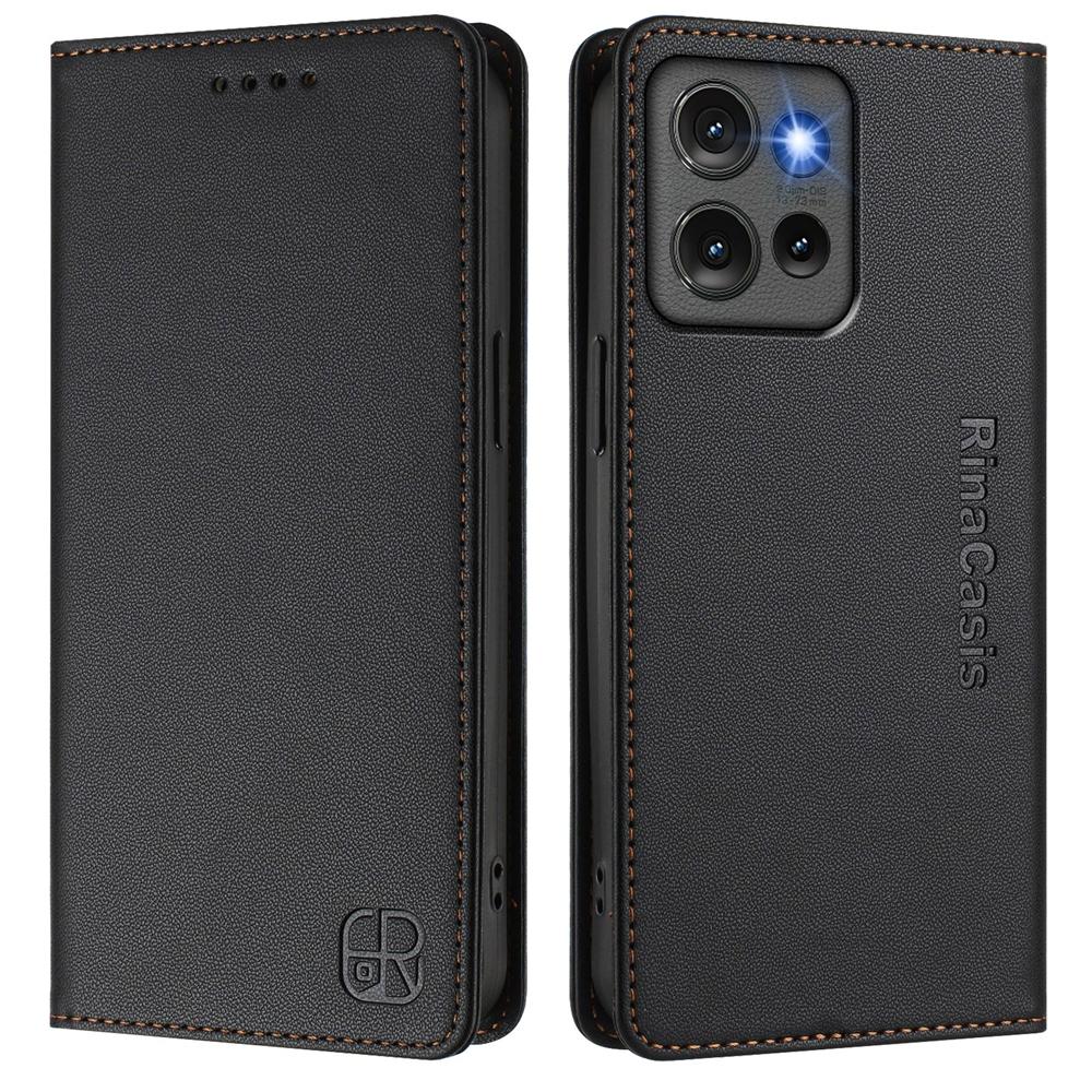 Motorola Edge 50 Dual-Folded Magnetic Suction RFID Blocking PU Leather Wallet Phone Case with Card Slots, Cash Pocket, Kickstand, Full Protective Flip Cover