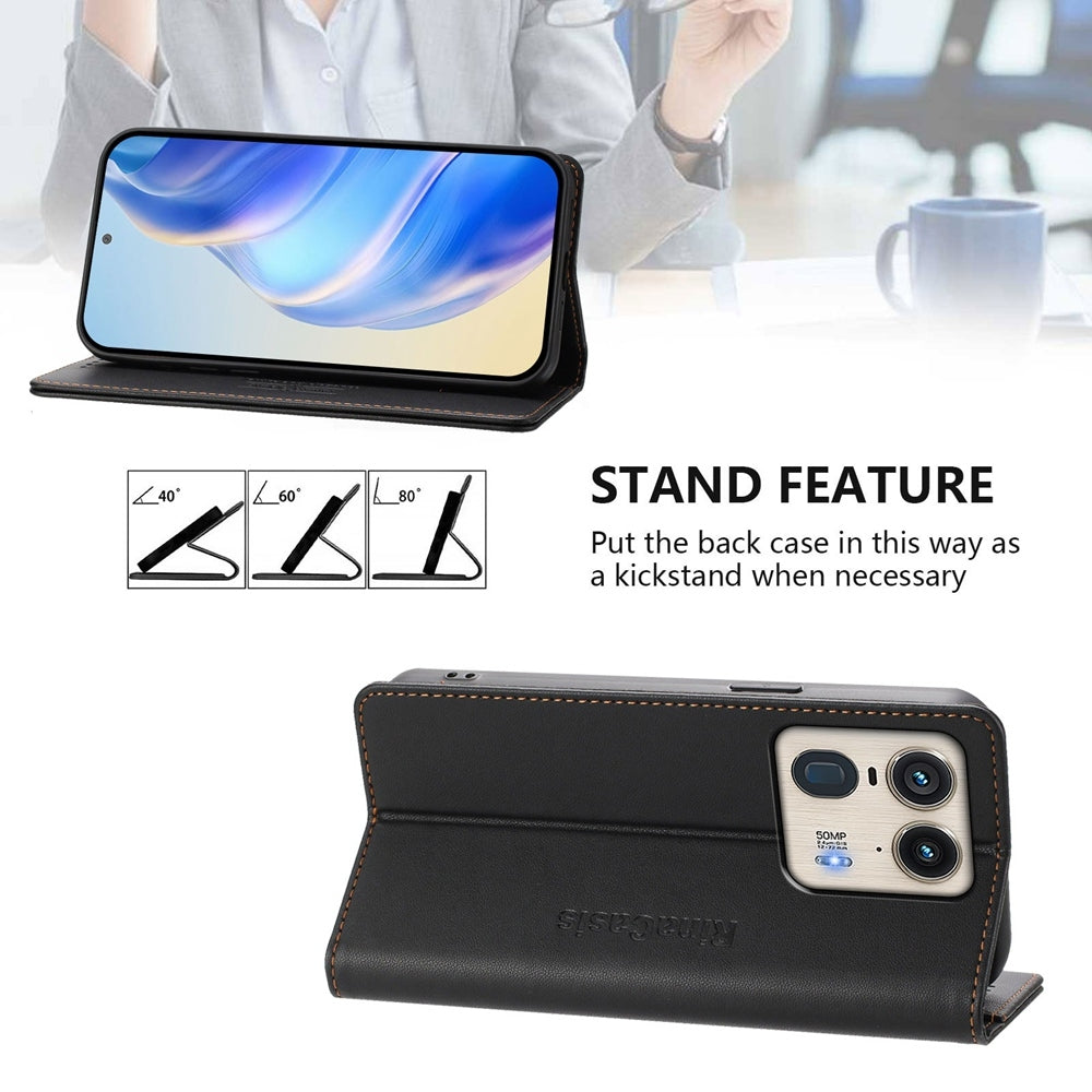 Motorola Edge 50 Dual-Folded Magnetic Suction RFID Blocking PU Leather Wallet Phone Case with Card Slots, Cash Pocket, Kickstand, Full Protective Flip Cover