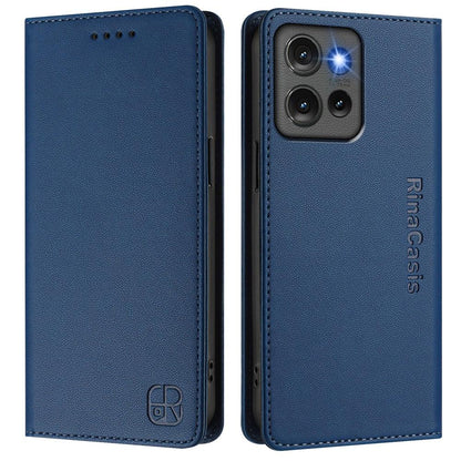 Motorola Edge 50 Dual-Folded Magnetic Suction RFID Blocking PU Leather Wallet Phone Case with Card Slots, Cash Pocket, Kickstand, Full Protective Flip Cover