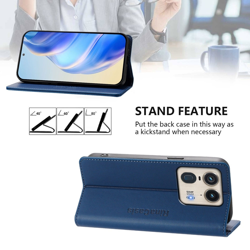 Motorola Edge 50 Dual-Folded Magnetic Suction RFID Blocking PU Leather Wallet Phone Case with Card Slots, Cash Pocket, Kickstand, Full Protective Flip Cover