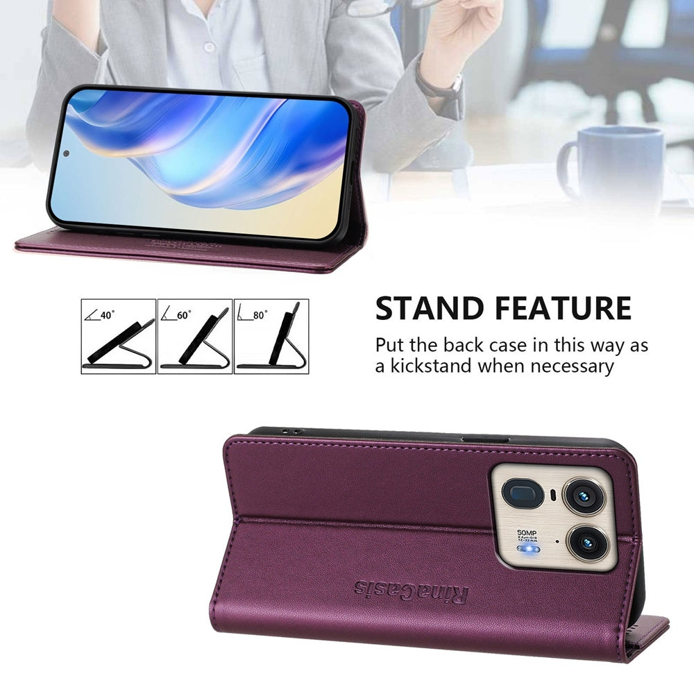 Motorola Edge 50 Dual-Folded Magnetic Suction RFID Blocking PU Leather Wallet Phone Case with Card Slots, Cash Pocket, Kickstand, Full Protective Flip Cover