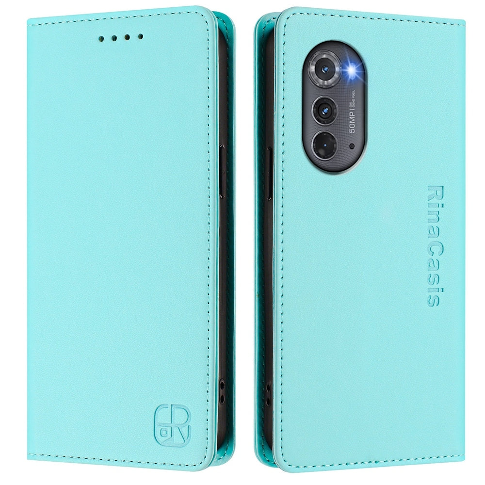 Motorola Edge 2022 Dual-Folded Magnetic Suction RFID Blocking PU Leather Wallet Phone Case with Card Slots, Cash Pocket, Kickstand, Full Protective Flip Cover