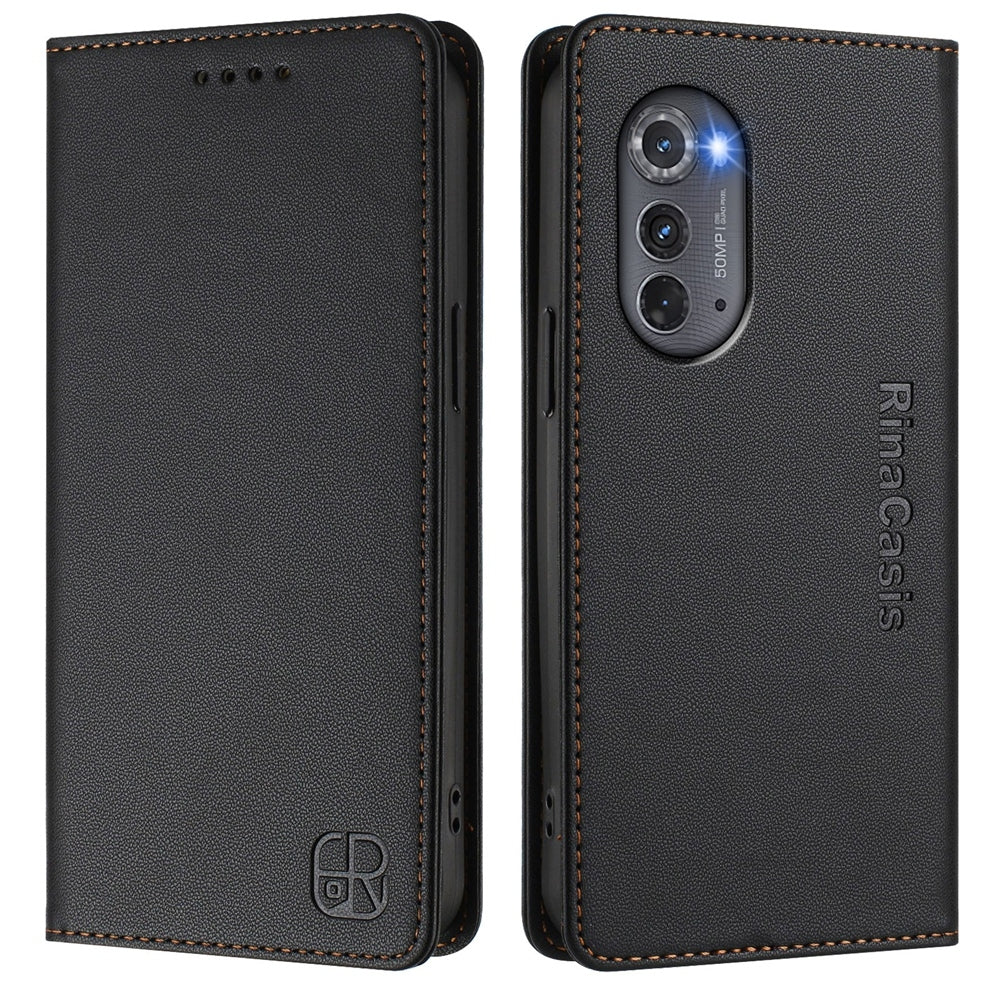 Motorola Edge 2022 Dual-Folded Magnetic Suction RFID Blocking PU Leather Wallet Phone Case with Card Slots, Cash Pocket, Kickstand, Full Protective Flip Cover