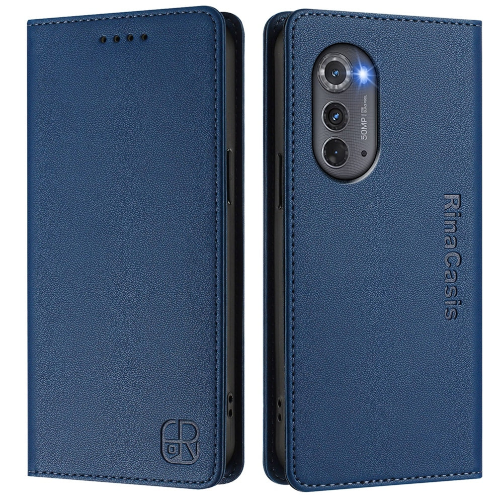 Motorola Edge 2022 Dual-Folded Magnetic Suction RFID Blocking PU Leather Wallet Phone Case with Card Slots, Cash Pocket, Kickstand, Full Protective Flip Cover