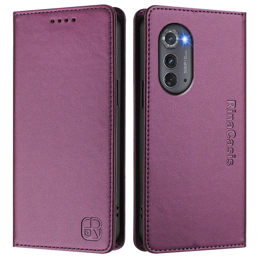 Motorola Edge 2022 Dual-Folded Magnetic Suction RFID Blocking PU Leather Wallet Phone Case with Card Slots, Cash Pocket, Kickstand, Full Protective Flip Cover