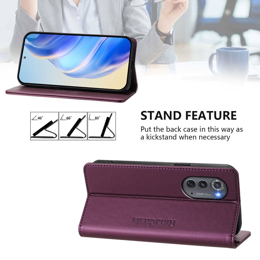 Motorola Edge 2022 Dual-Folded Magnetic Suction RFID Blocking PU Leather Wallet Phone Case with Card Slots, Cash Pocket, Kickstand, Full Protective Flip Cover