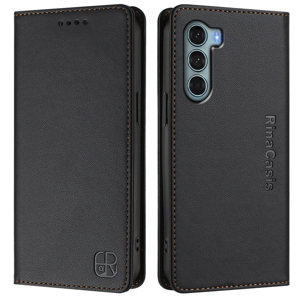 Motorola Edge S30 Dual-Folded Magnetic Suction RFID Blocking PU Leather Wallet Phone Case with Card Slots, Cash Pocket, Kickstand, Full Protective Flip Cover
