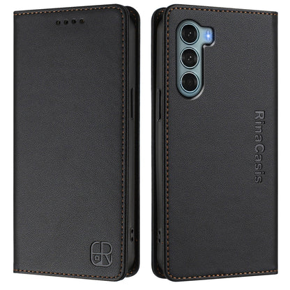 Motorola Edge S30 Dual-Folded Magnetic Suction RFID Blocking PU Leather Wallet Phone Case with Card Slots, Cash Pocket, Kickstand, Full Protective Flip Cover