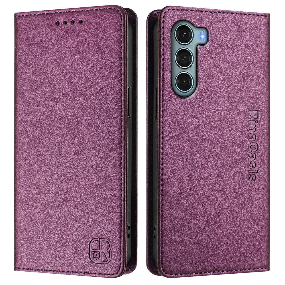 Motorola Edge S30 Dual-Folded Magnetic Suction RFID Blocking PU Leather Wallet Phone Case with Card Slots, Cash Pocket, Kickstand, Full Protective Flip Cover