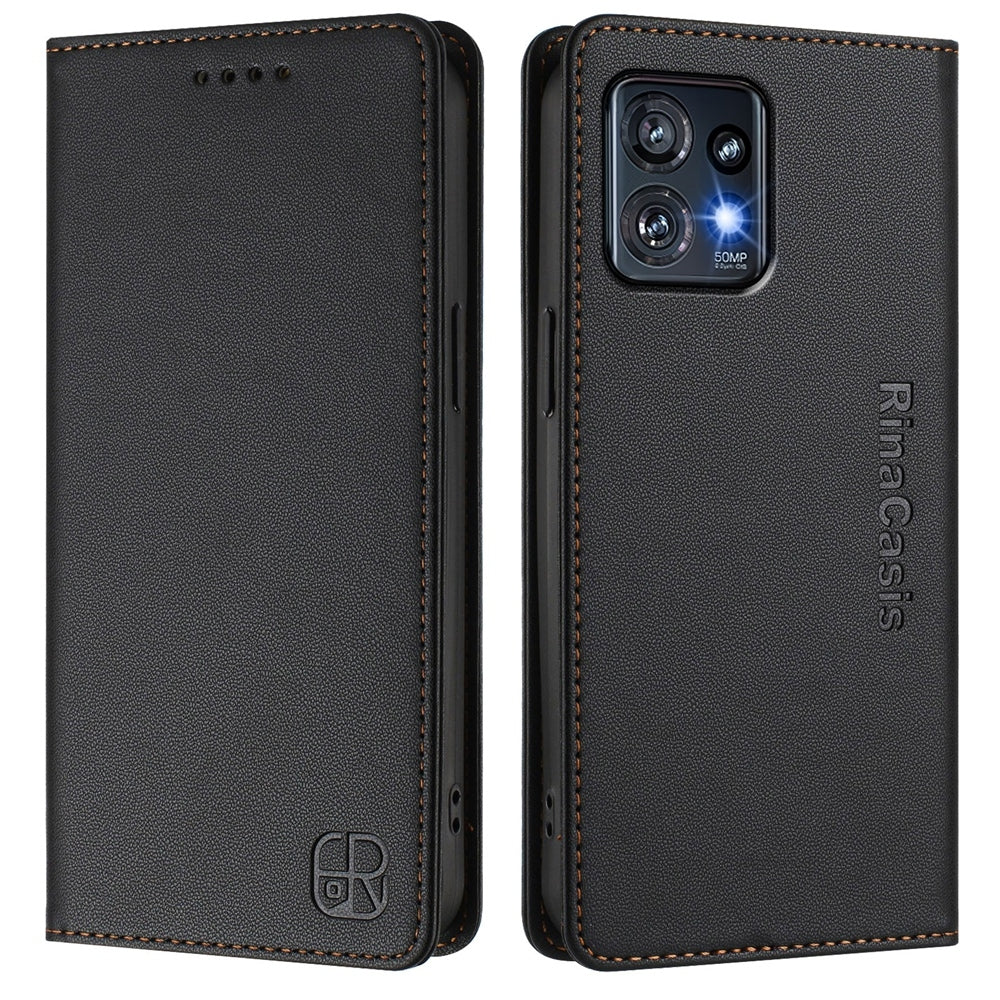 Motorola Edge+ 2023 Dual-Folded Magnetic Suction RFID Blocking PU Leather Wallet Phone Case with Card Slots, Cash Pocket, Kickstand, Full Protective Flip Cover