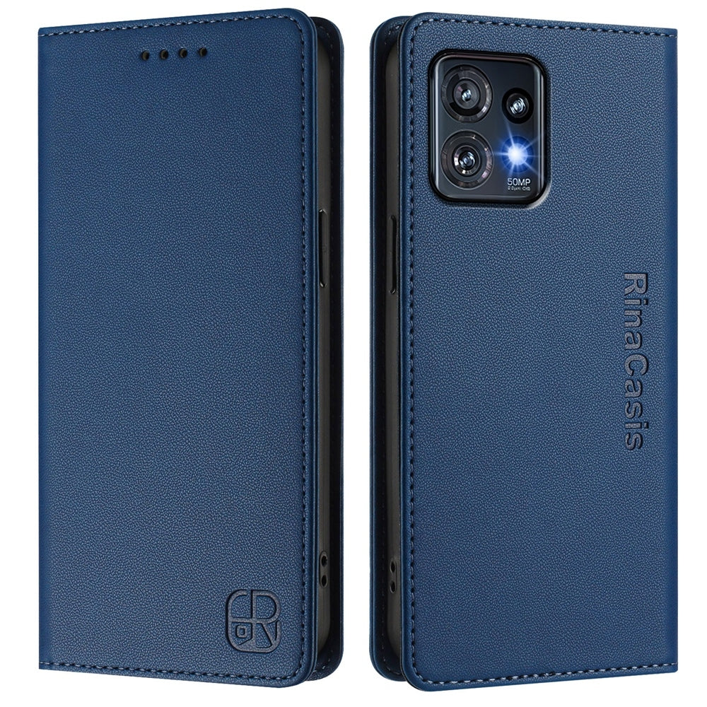 Motorola Edge+ 2023 Dual-Folded Magnetic Suction RFID Blocking PU Leather Wallet Phone Case with Card Slots, Cash Pocket, Kickstand, Full Protective Flip Cover