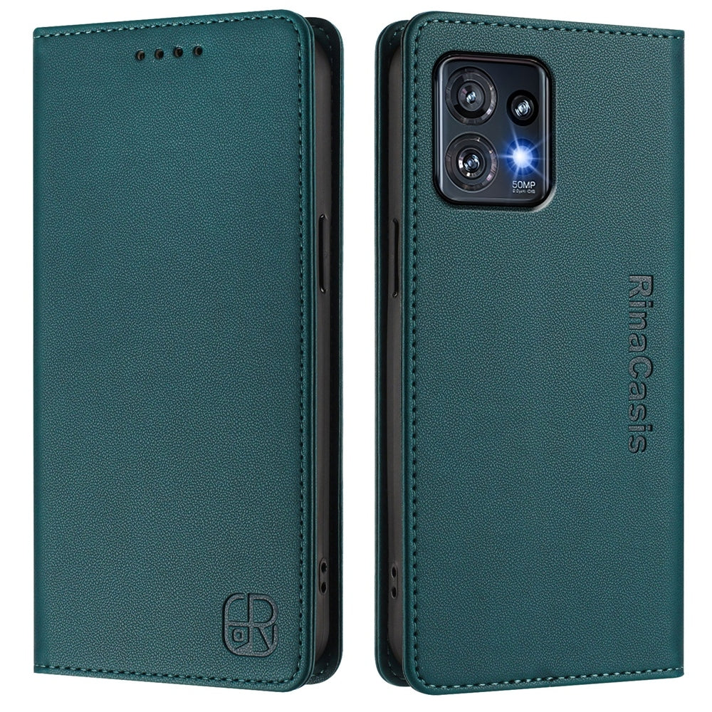 Motorola Edge 40 Pro Dual-Folded Magnetic Suction RFID Blocking PU Leather Wallet Phone Case with Card Slots, Cash Pocket, Kickstand, Full Protective Flip Cover
