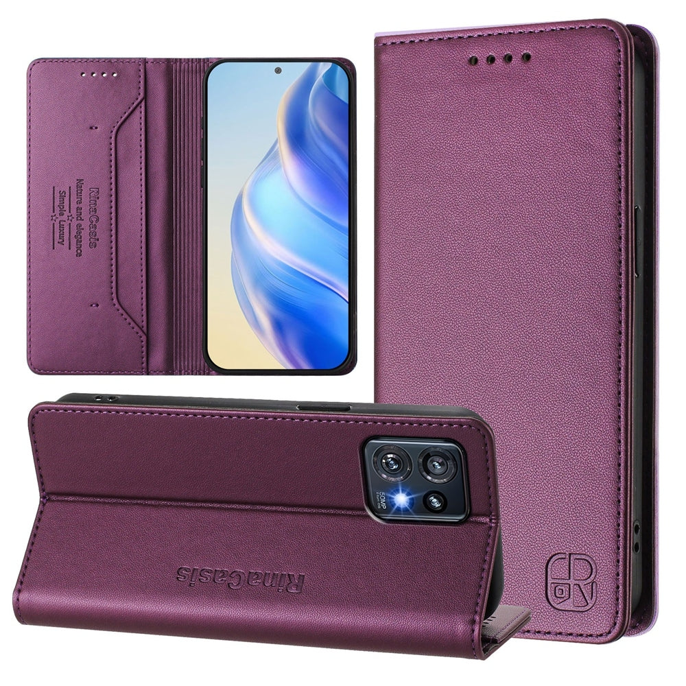 Motorola Edge+ 2023 Dual-Folded Magnetic Suction RFID Blocking PU Leather Wallet Phone Case with Card Slots, Cash Pocket, Kickstand, Full Protective Flip Cover