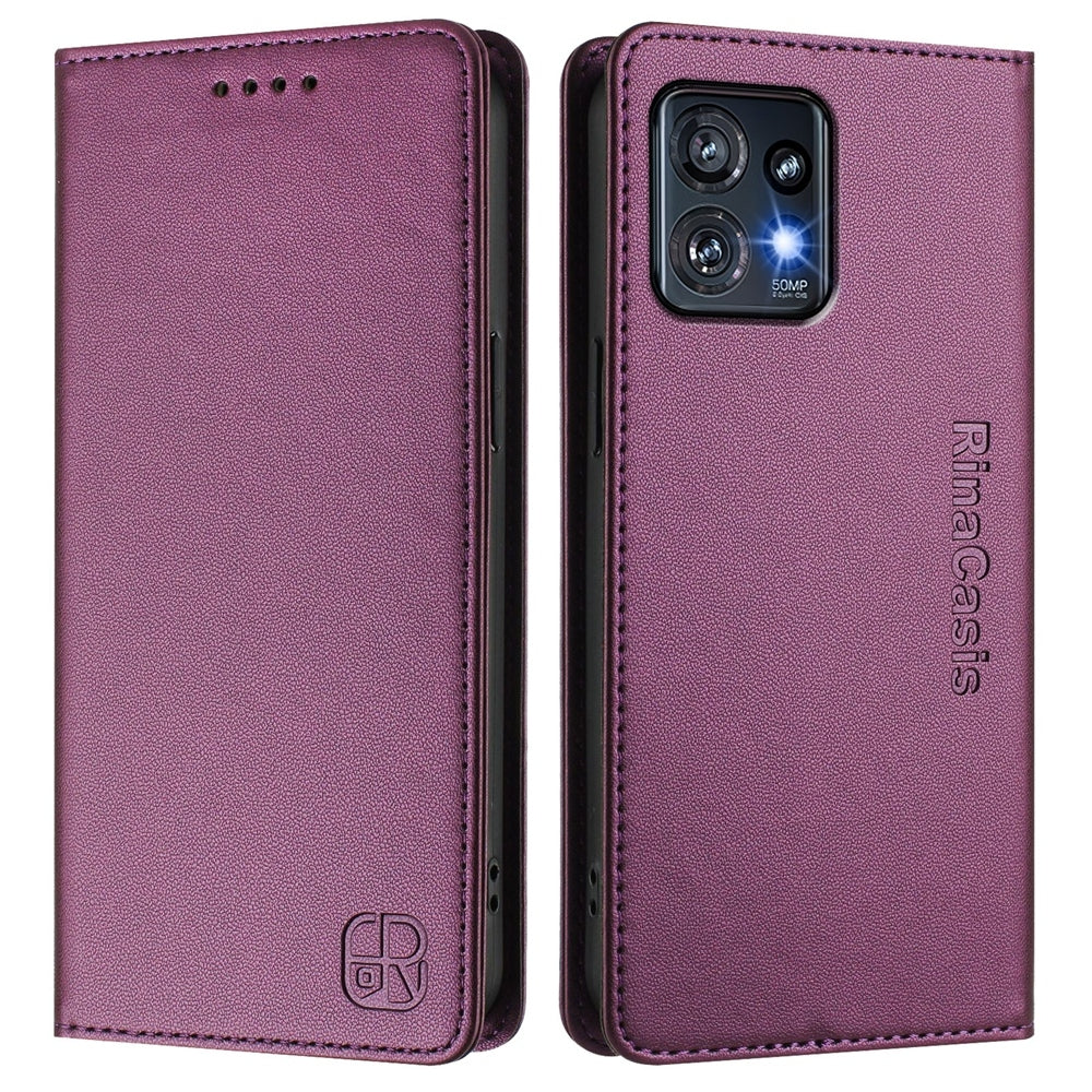 Motorola Edge+ 2023 Dual-Folded Magnetic Suction RFID Blocking PU Leather Wallet Phone Case with Card Slots, Cash Pocket, Kickstand, Full Protective Flip Cover