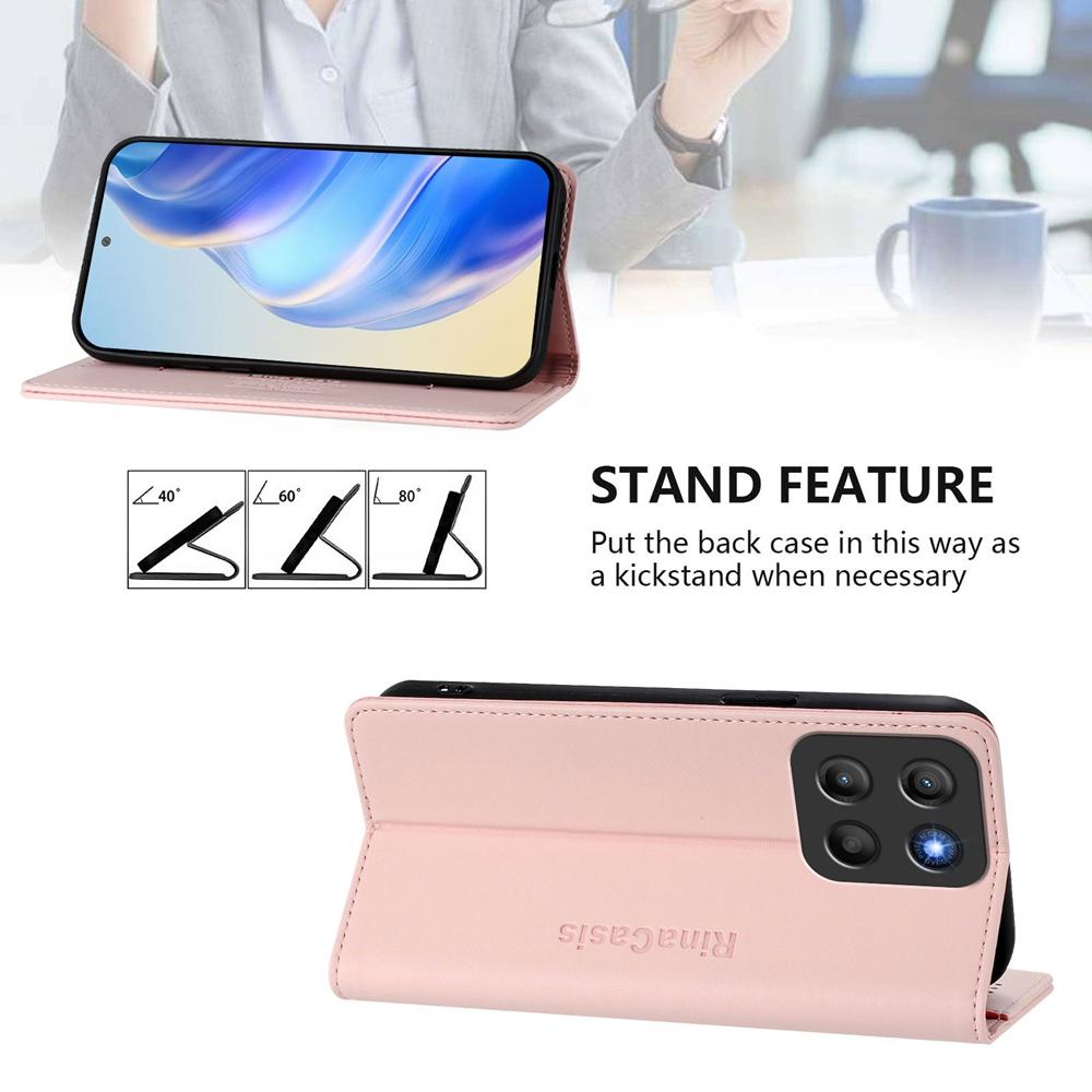 Motorola Moto G15 Dual-Folded Magnetic Suction RFID Blocking PU Leather Wallet Phone Case with Card Slots, Cash Pocket, Kickstand, Full Protective Flip Cover