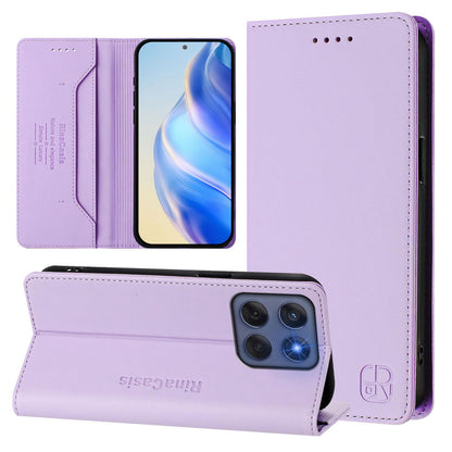 Motorola Edge 60 Fusion Dual-Folded Magnetic Suction RFID Blocking PU Leather Wallet Phone Case with Card Slots, Cash Pocket, Kickstand, Full Protective Flip Cover