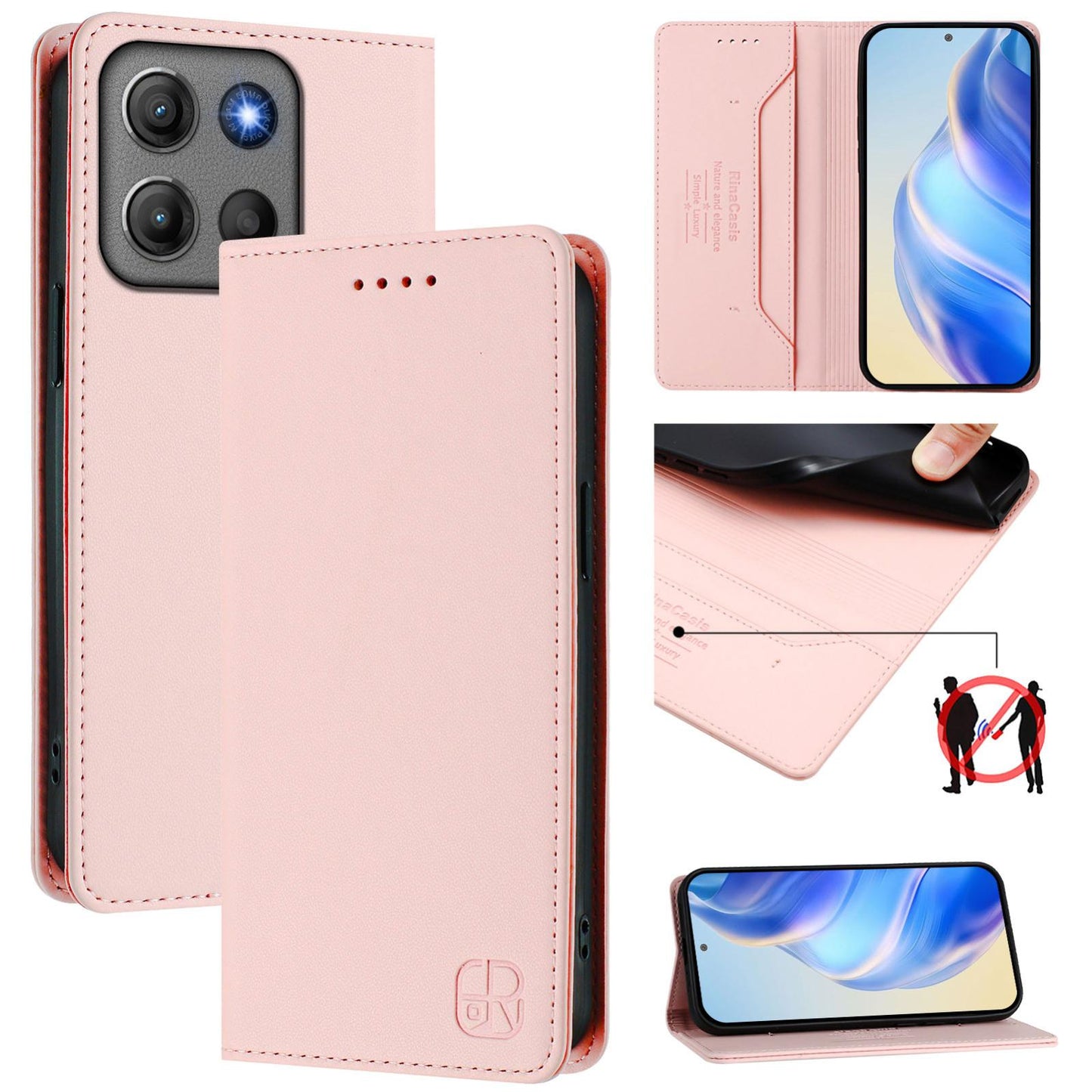 Motorola Moto G17 Power 4G Dual-Folded Magnetic Suction RFID Blocking PU Leather Wallet Phone Case with Card Slots, Cash Pocket, Kickstand, Full Protective Flip Cover