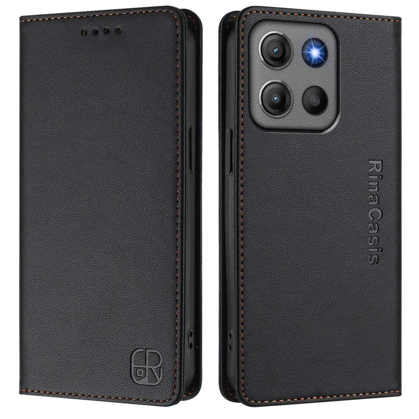 Motorola Moto G17 4G Dual-Folded Magnetic Suction RFID Blocking PU Leather Wallet Phone Case with Card Slots, Cash Pocket, Kickstand, Full Protective Flip Cover