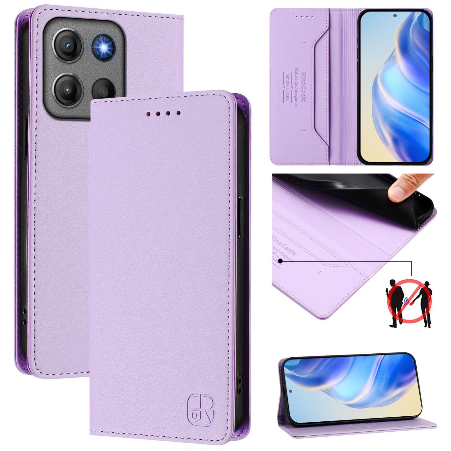 Motorola Moto G17 4G Dual-Folded Magnetic Suction RFID Blocking PU Leather Wallet Phone Case with Card Slots, Cash Pocket, Kickstand, Full Protective Flip Cover