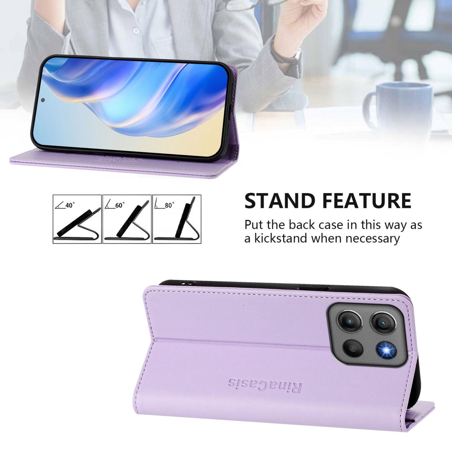 Motorola Moto G17 4G Dual-Folded Magnetic Suction RFID Blocking PU Leather Wallet Phone Case with Card Slots, Cash Pocket, Kickstand, Full Protective Flip Cover