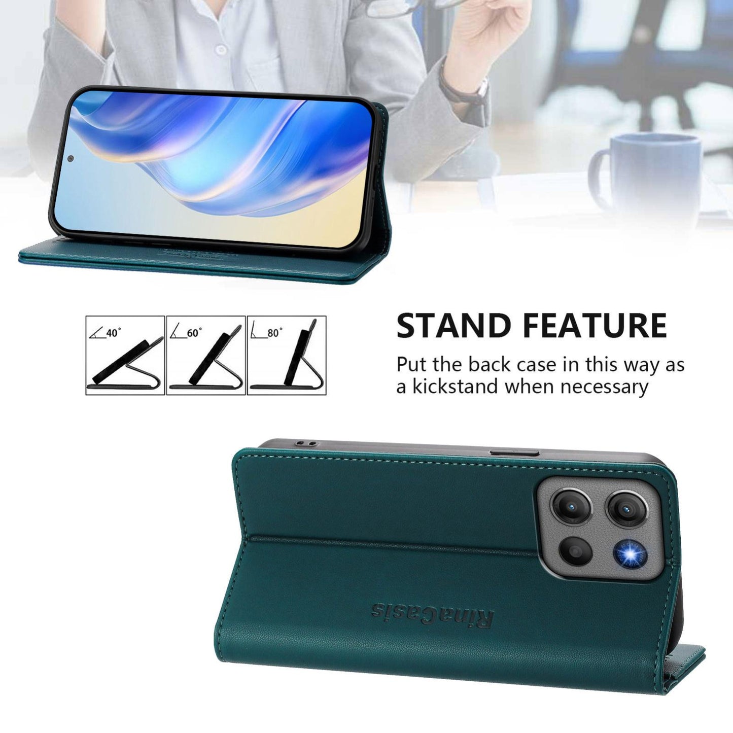 Motorola Moto G17 4G Dual-Folded Magnetic Suction RFID Blocking PU Leather Wallet Phone Case with Card Slots, Cash Pocket, Kickstand, Full Protective Flip Cover
