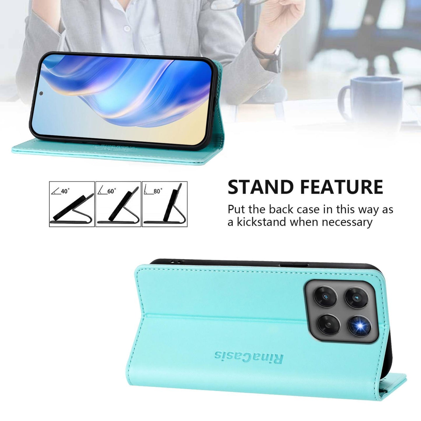 Motorola Moto G47 Dual-Folded Magnetic Suction RFID Blocking PU Leather Wallet Phone Case with Card Slots, Cash Pocket, Kickstand, Full Protective Flip Cover