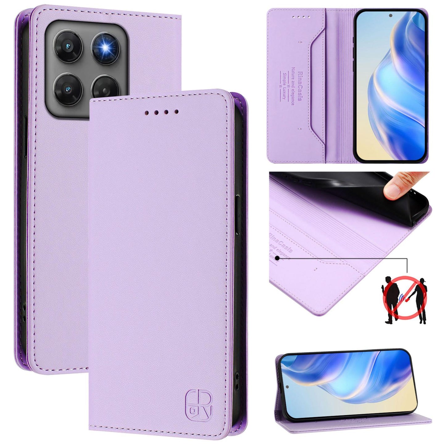 Motorola Moto G47 Dual-Folded Magnetic Suction RFID Blocking PU Leather Wallet Phone Case with Card Slots, Cash Pocket, Kickstand, Full Protective Flip Cover