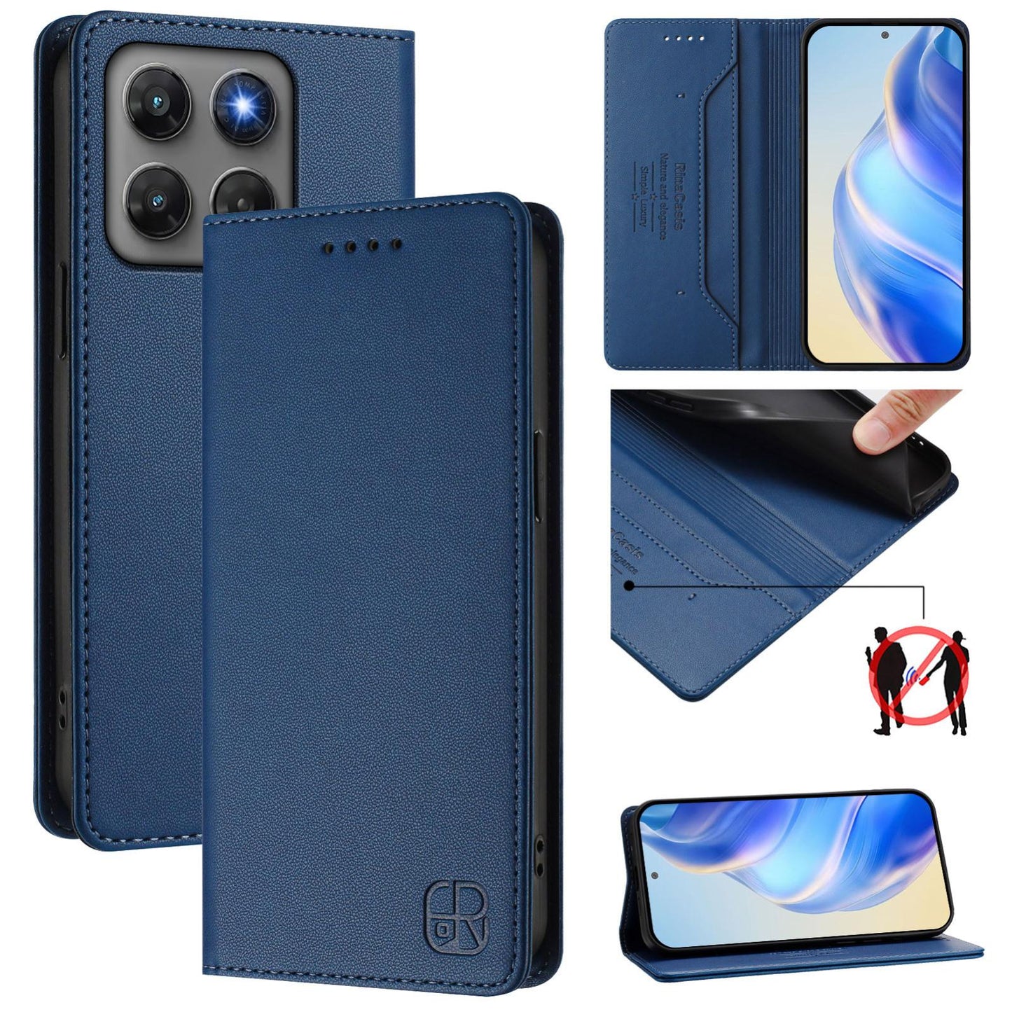 Motorola Moto G47 Dual-Folded Magnetic Suction RFID Blocking PU Leather Wallet Phone Case with Card Slots, Cash Pocket, Kickstand, Full Protective Flip Cover