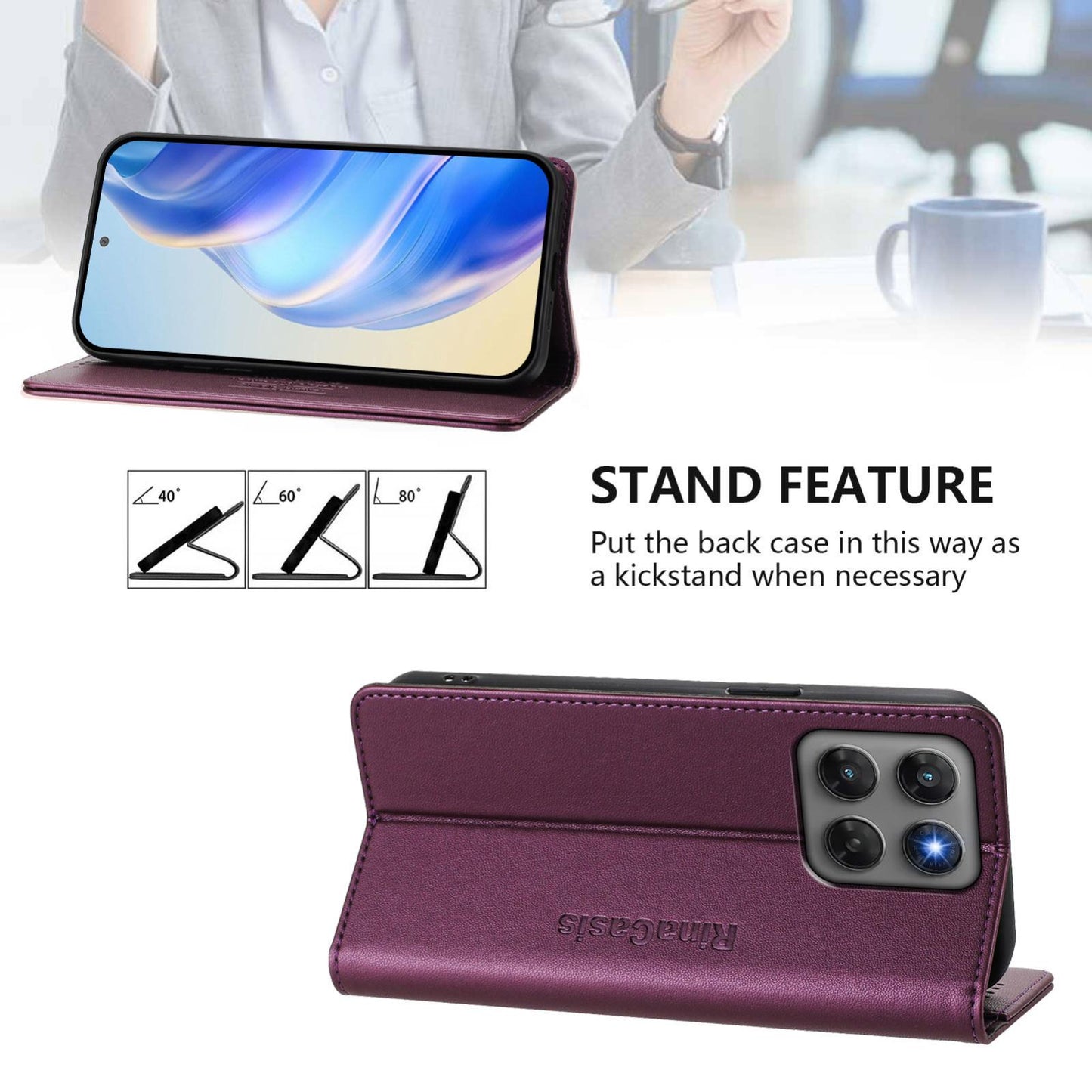 Motorola Moto G47 Dual-Folded Magnetic Suction RFID Blocking PU Leather Wallet Phone Case with Card Slots, Cash Pocket, Kickstand, Full Protective Flip Cover