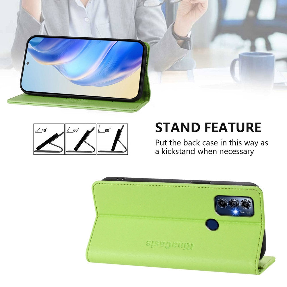 Motorola Moto G Play 2023 Dual-Folded Magnetic Suction RFID Blocking PU Leather Wallet Phone Case with Card Slots, Cash Pocket, Kickstand, Full Protective Flip Cover