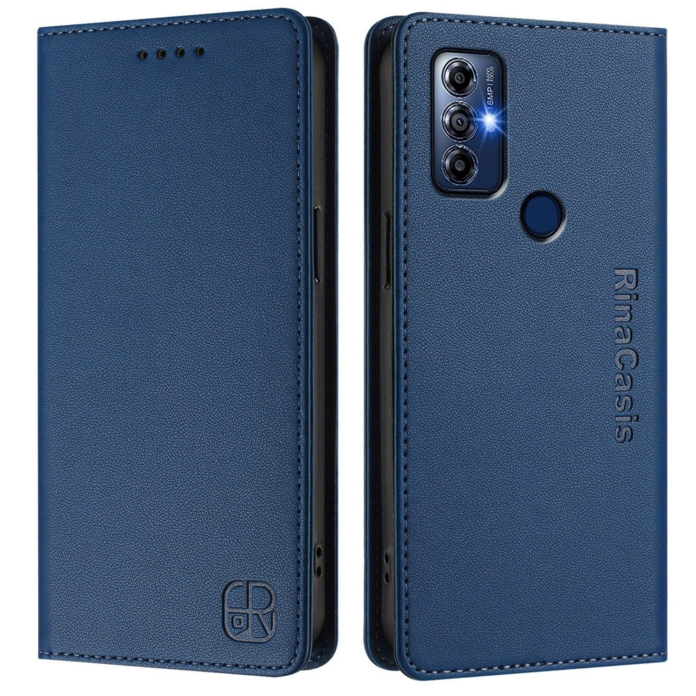 Motorola Moto G Play 2023 Dual-Folded Magnetic Suction RFID Blocking PU Leather Wallet Phone Case with Card Slots, Cash Pocket, Kickstand, Full Protective Flip Cover