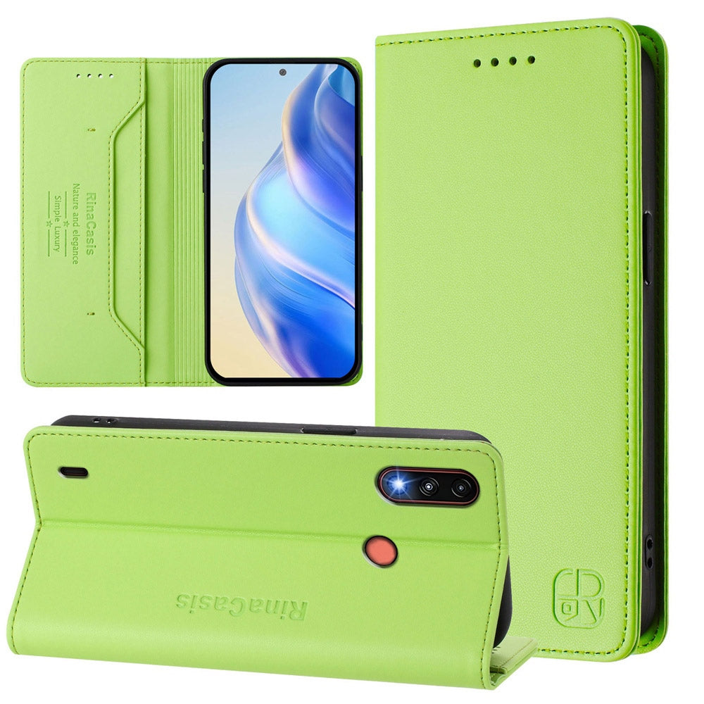 Motorola Moto E7 Power Dual-Folded Magnetic Suction RFID Blocking PU Leather Wallet Phone Case with Card Slots, Cash Pocket, Kickstand, Full Protective Flip Cover