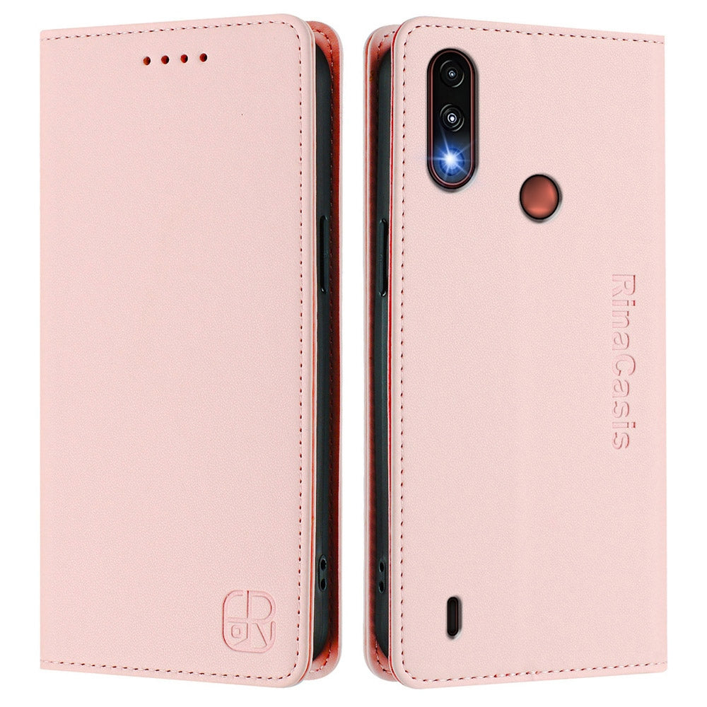 Motorola Moto E7 Power Dual-Folded Magnetic Suction RFID Blocking PU Leather Wallet Phone Case with Card Slots, Cash Pocket, Kickstand, Full Protective Flip Cover