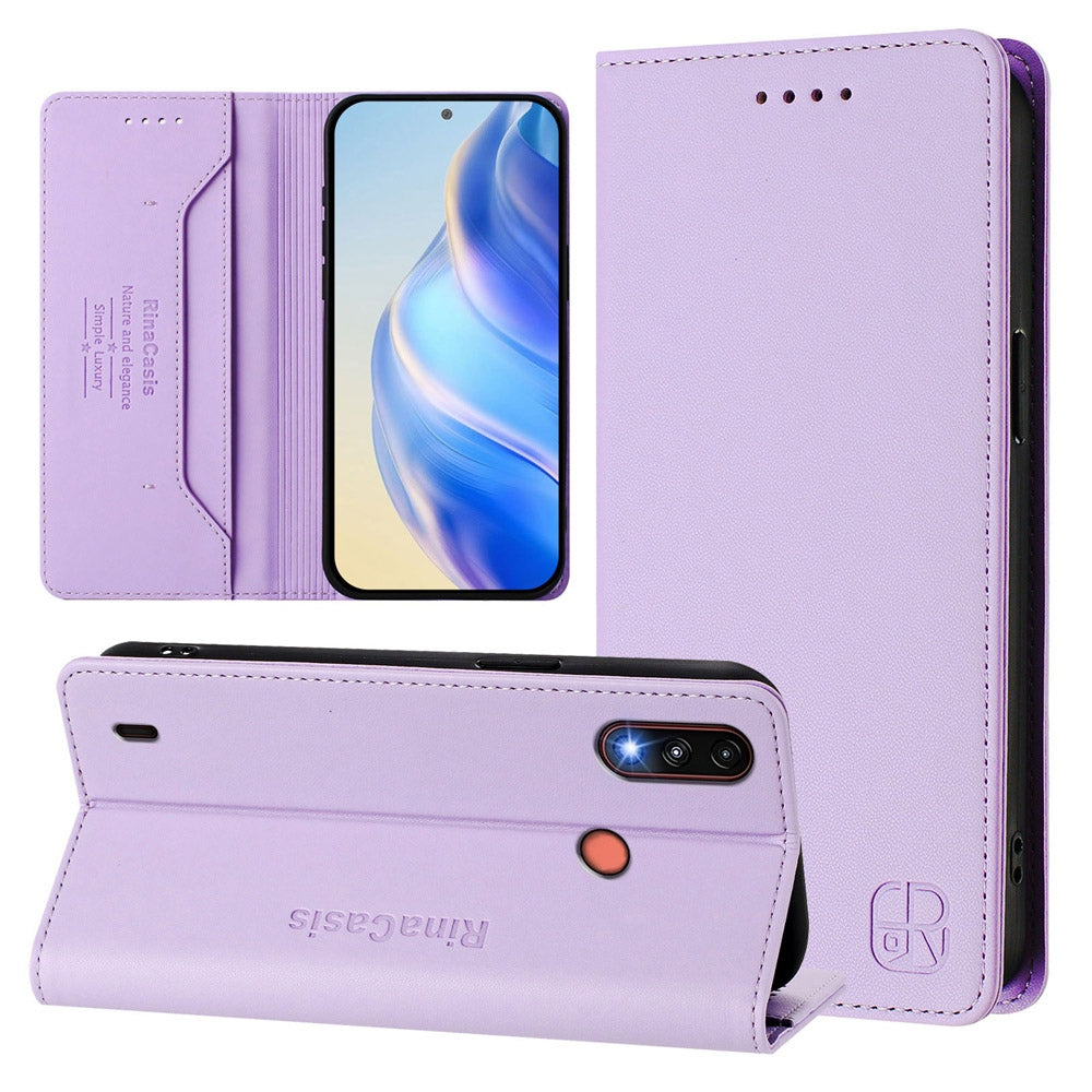 Motorola Moto E7 Power Dual-Folded Magnetic Suction RFID Blocking PU Leather Wallet Phone Case with Card Slots, Cash Pocket, Kickstand, Full Protective Flip Cover