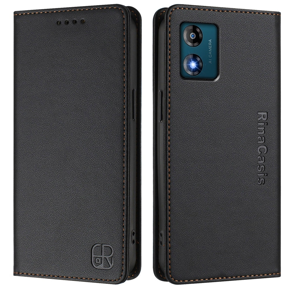 Motorola Moto E13 Dual-Folded Magnetic Suction RFID Blocking PU Leather Wallet Phone Case with Card Slots, Cash Pocket, Kickstand, Full Protective Flip Cover