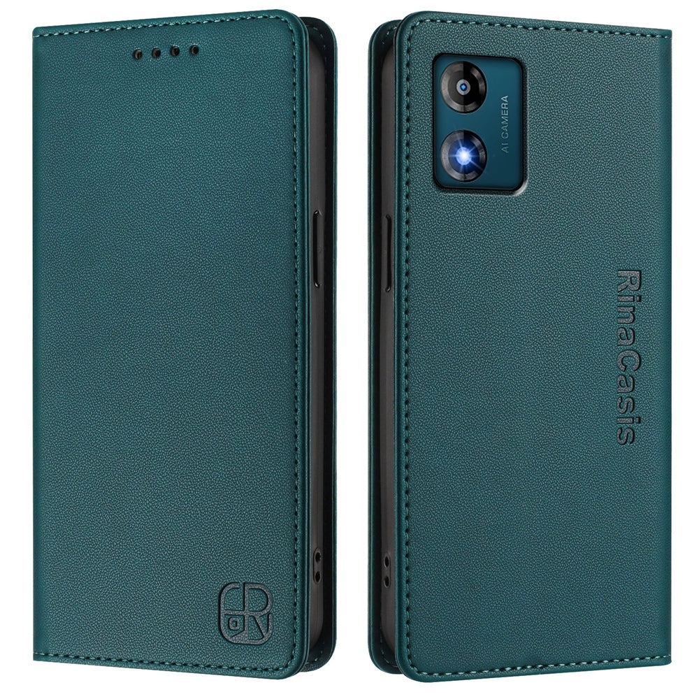 Motorola Moto E13 Dual-Folded Magnetic Suction RFID Blocking PU Leather Wallet Phone Case with Card Slots, Cash Pocket, Kickstand, Full Protective Flip Cover