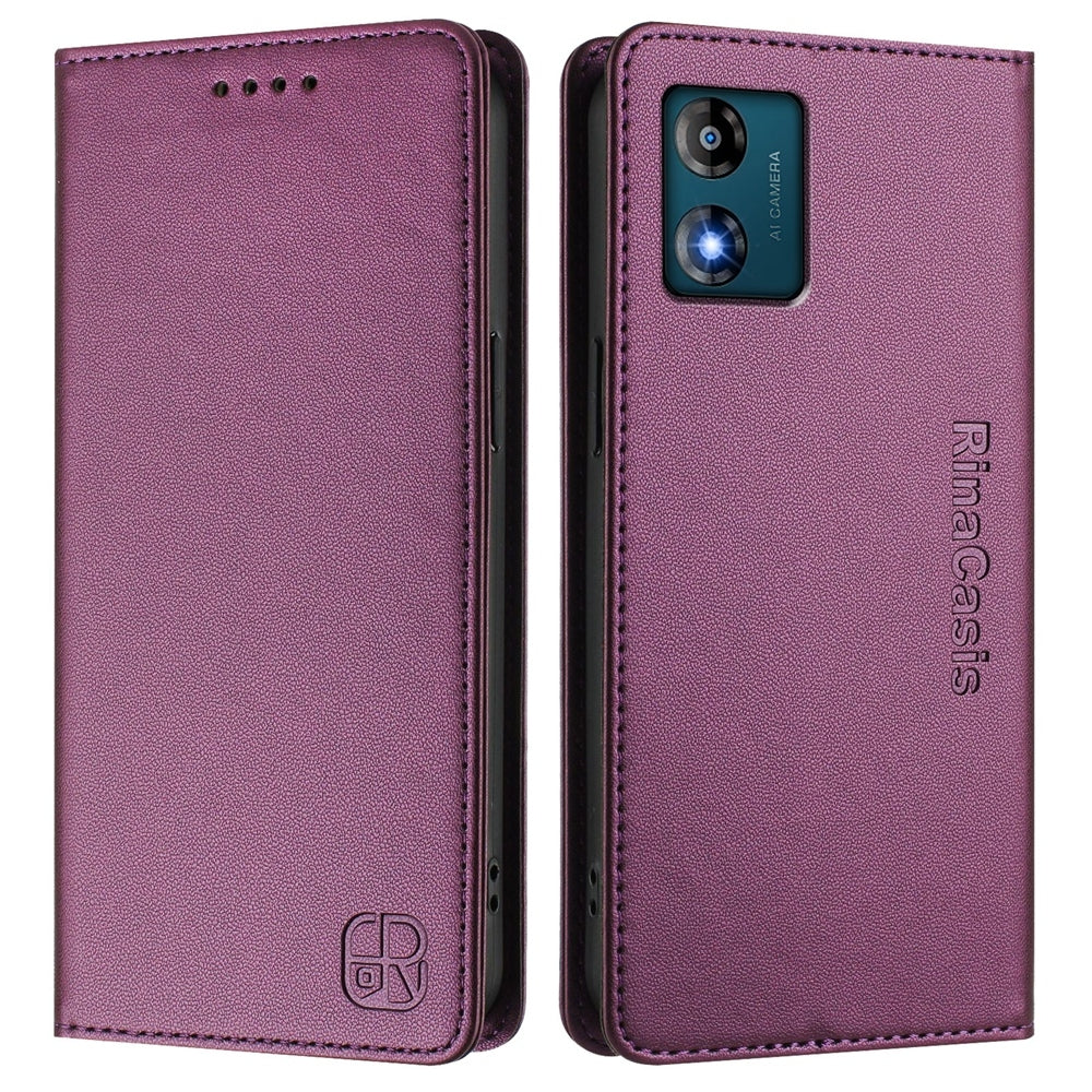 Motorola Moto E13 Dual-Folded Magnetic Suction RFID Blocking PU Leather Wallet Phone Case with Card Slots, Cash Pocket, Kickstand, Full Protective Flip Cover