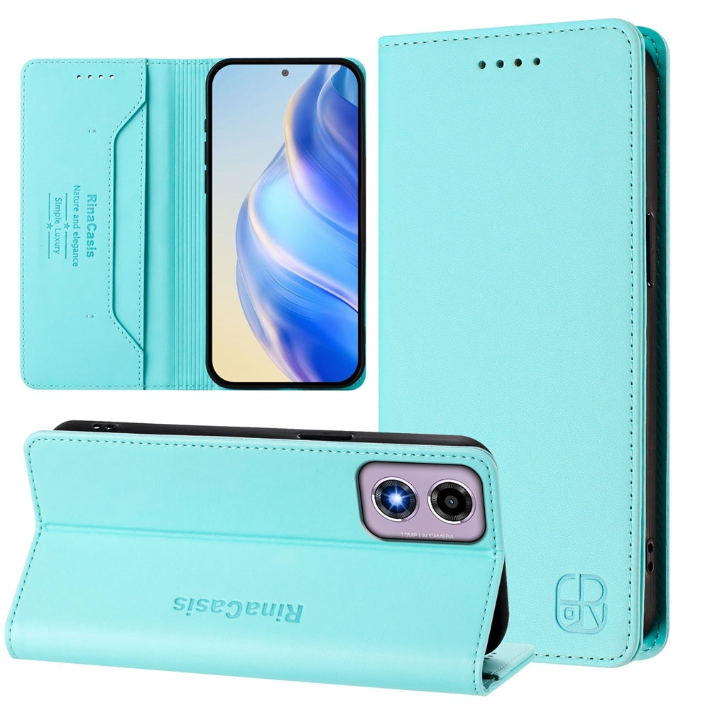 Motorola Moto E14 Dual-Folded Magnetic Suction RFID Blocking PU Leather Wallet Phone Case with Card Slots, Cash Pocket, Kickstand, Full Protective Flip Cover