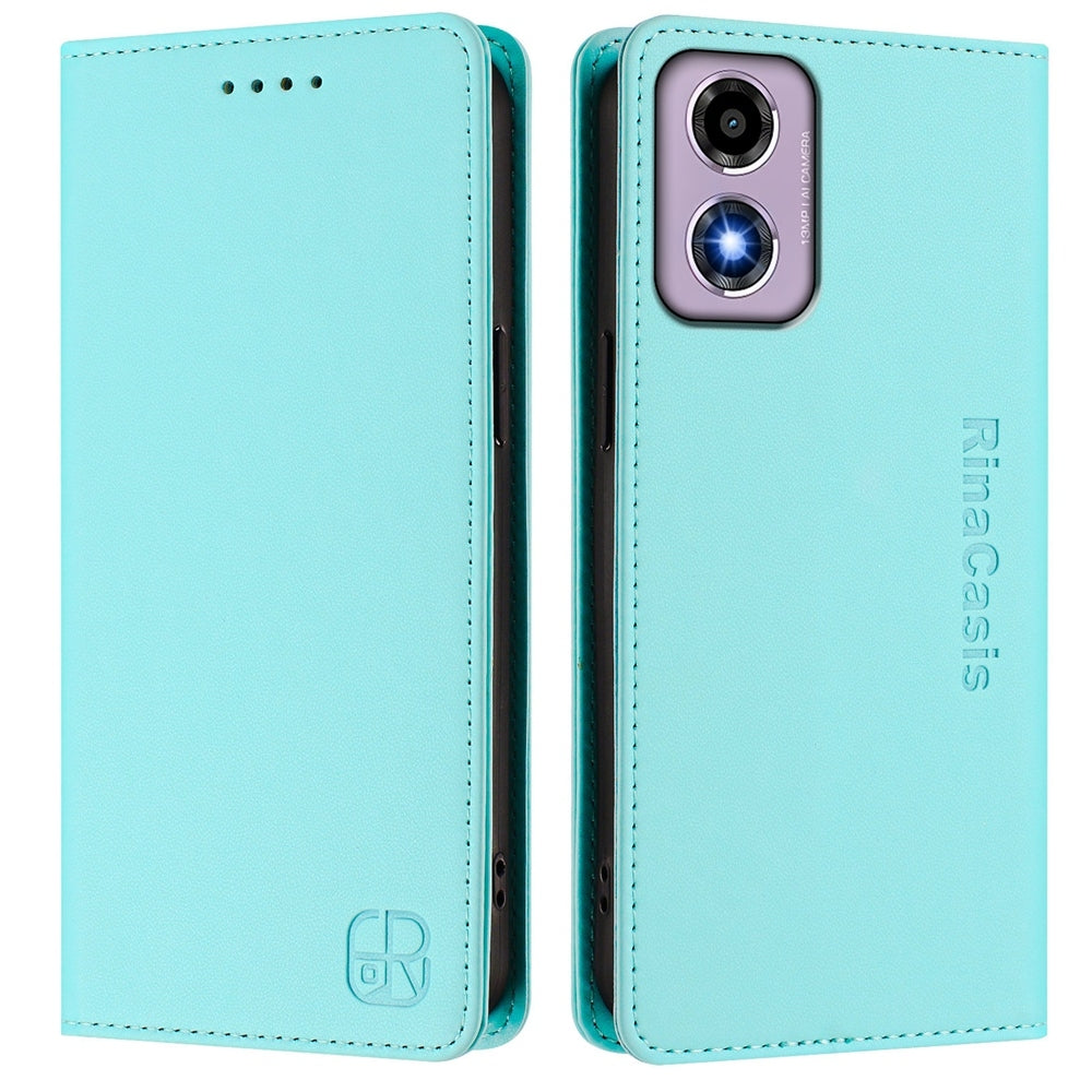Motorola Moto E14 Dual-Folded Magnetic Suction RFID Blocking PU Leather Wallet Phone Case with Card Slots, Cash Pocket, Kickstand, Full Protective Flip Cover