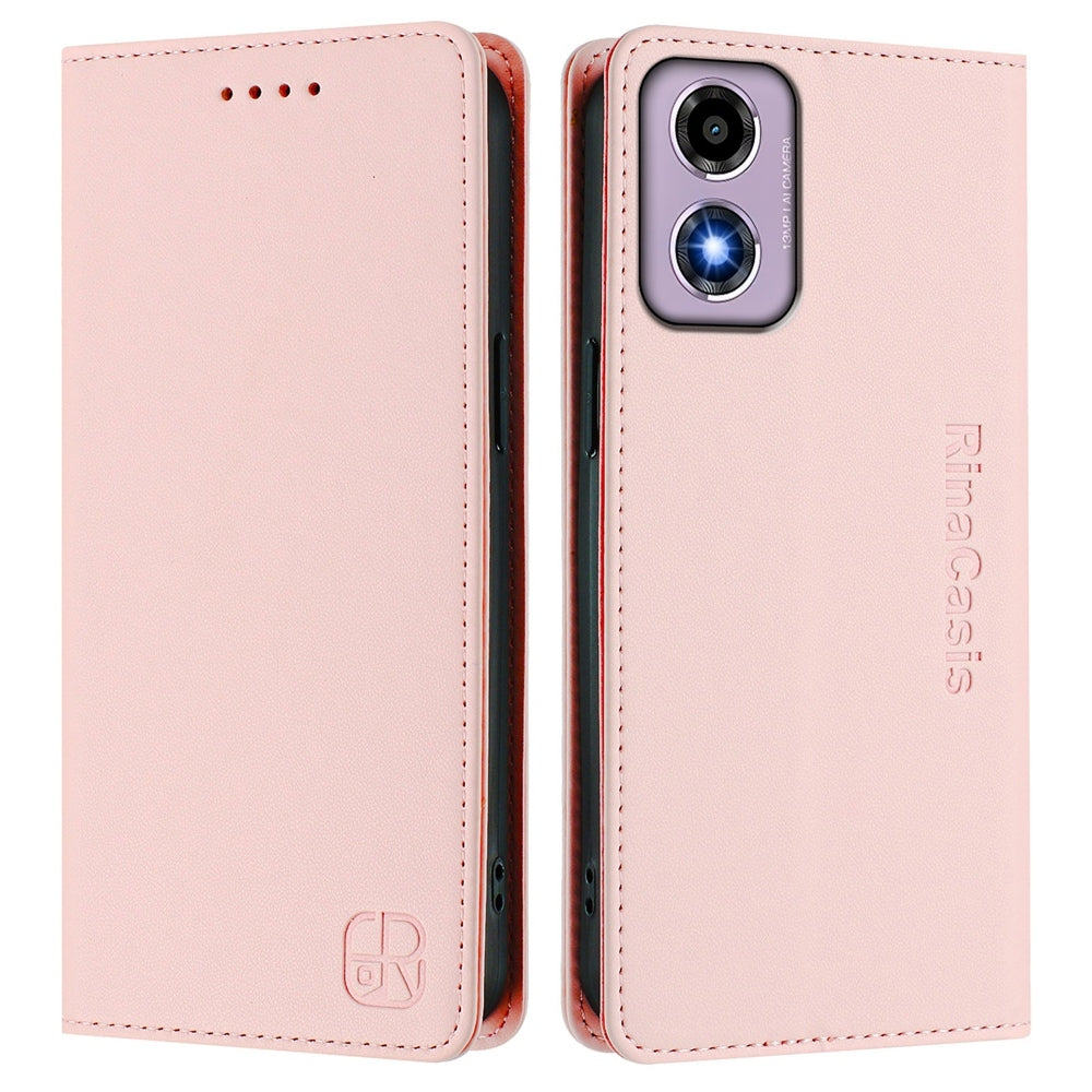 Motorola Moto G24 Dual-Folded Magnetic Suction RFID Blocking PU Leather Wallet Phone Case with Card Slots, Cash Pocket, Kickstand, Full Protective Flip Cover