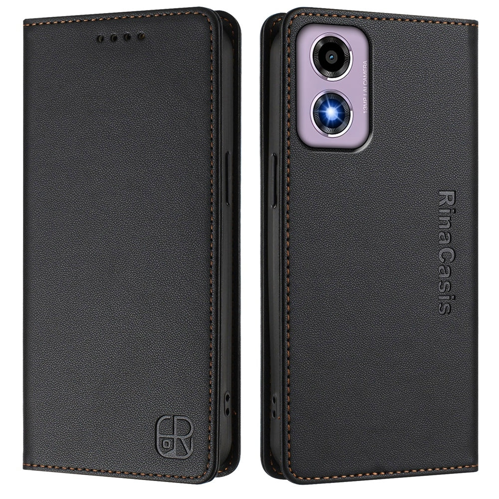 Motorola Moto E14 Dual-Folded Magnetic Suction RFID Blocking PU Leather Wallet Phone Case with Card Slots, Cash Pocket, Kickstand, Full Protective Flip Cover